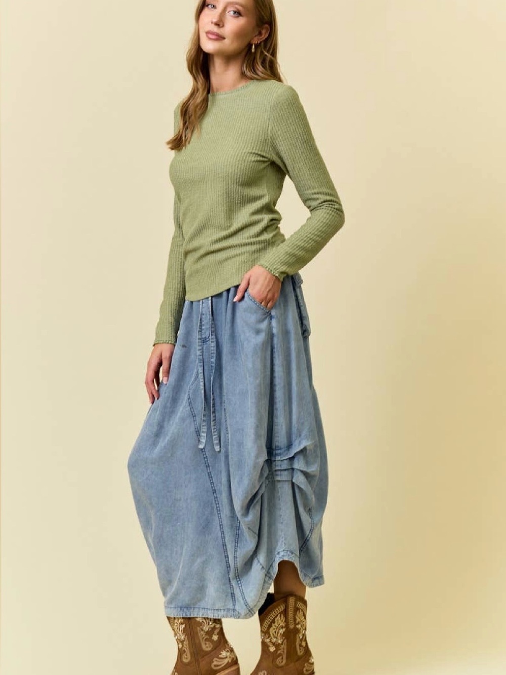 Light Blue Washed Denim Midi Skirt